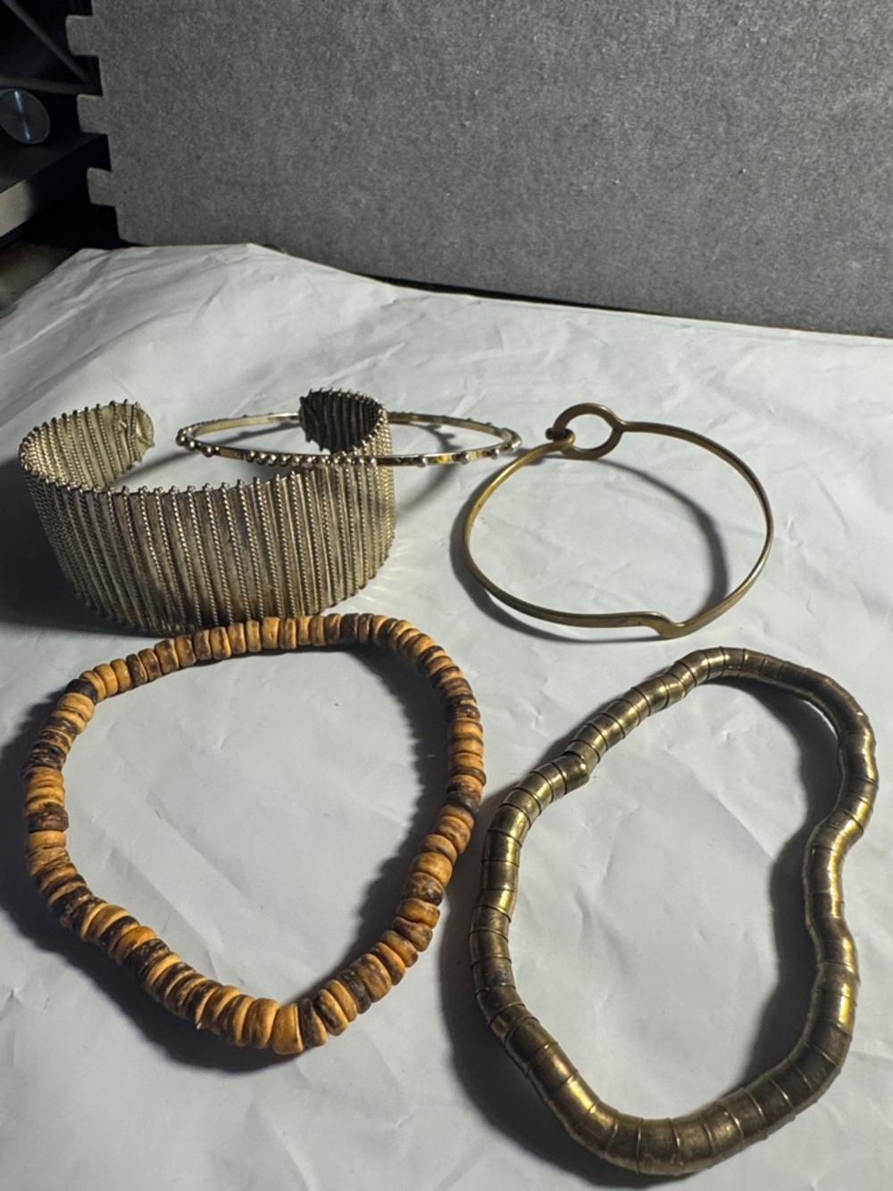 Mixed Metal and Wood Women's Bracelet Set - Gold and Brown Layered Style